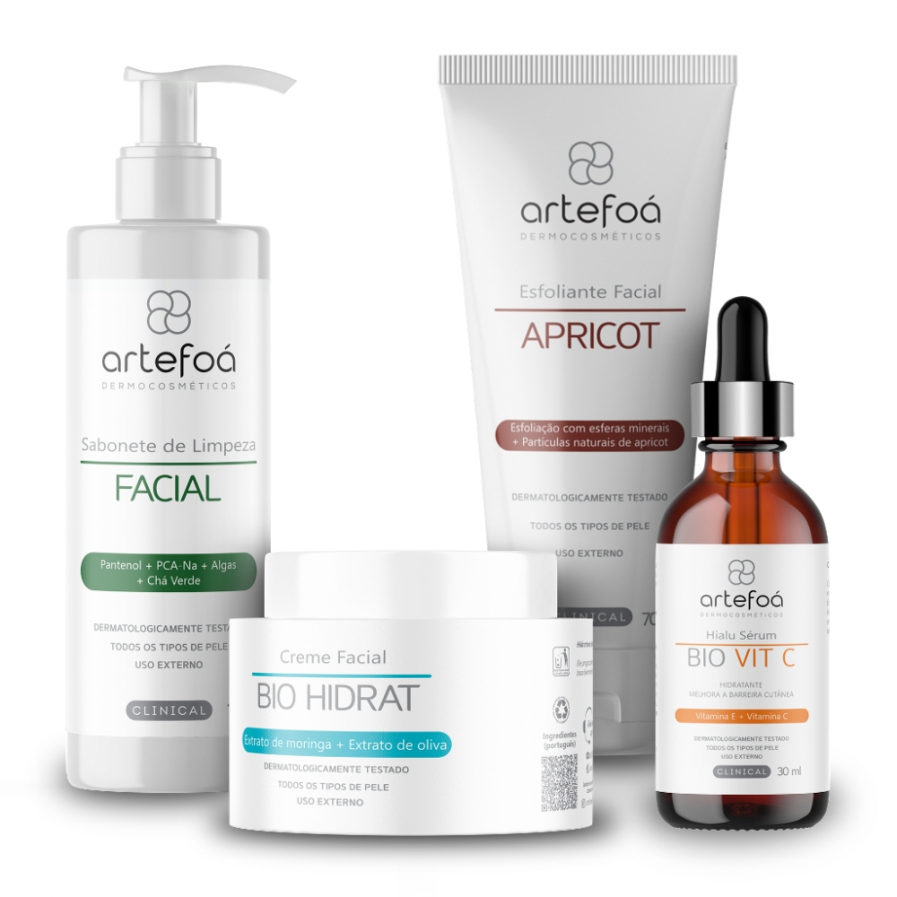 Kit Essencial de Skincare – Esfoliante + Sabonete + Sérum Facial Bio Vitamina C + Creme Facial Bio Hidratante Medcombo